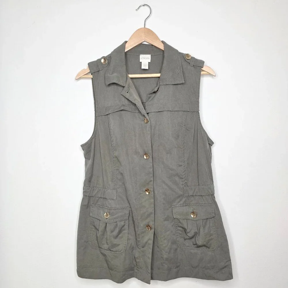 Chico's 100% Lyocell Utility Vest Sleeveless Jacket Safari Coastal Green Size 1